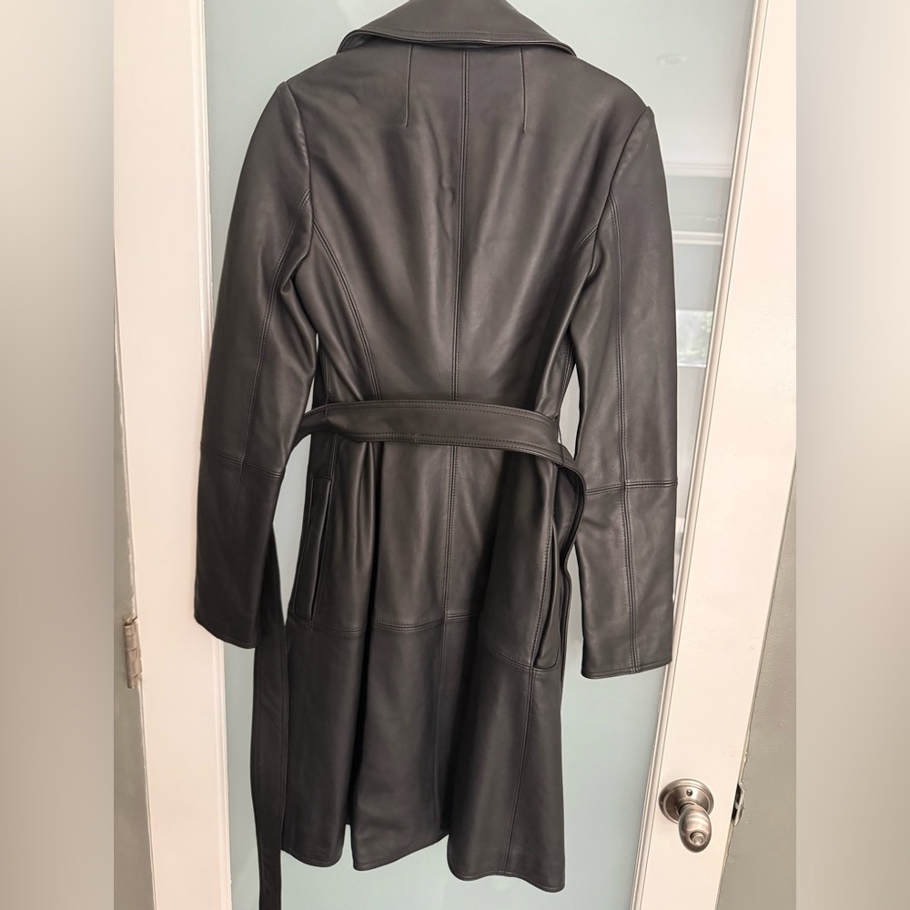 Theory Black Leather Napa Belted Trench Coat - Picture 4 of 7